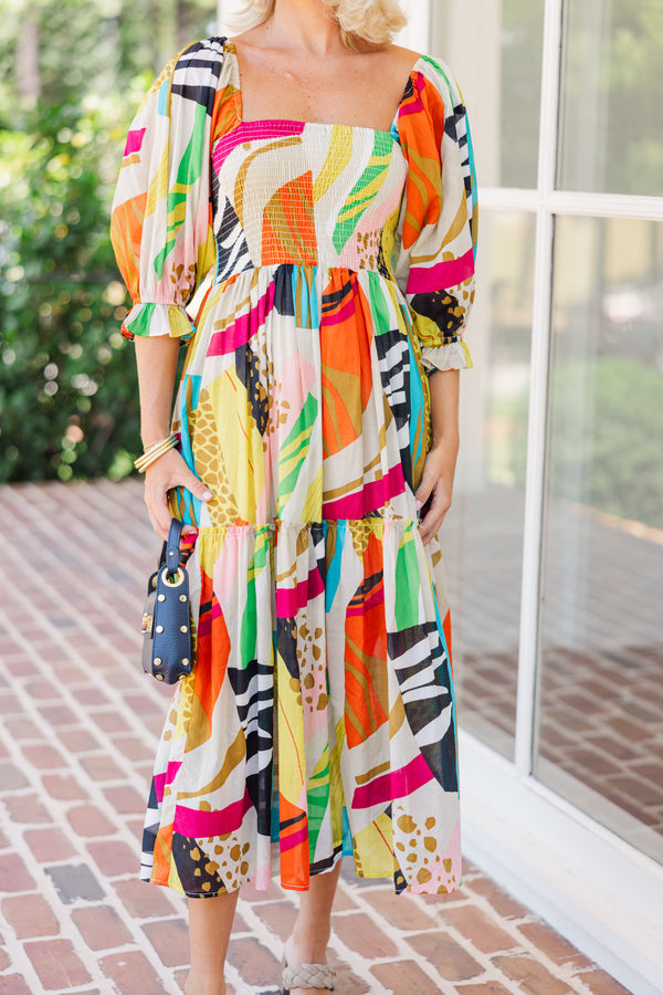 orange midi dress with sleeves Oddi Vibrant Floral Print Orange-Fuchsia S at June Adel 24 Medium Bust Orange Cotton Poplin A-Line Detachable