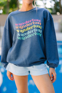 Wanderlust Navy Blue Graphic Corded Sweatshirt