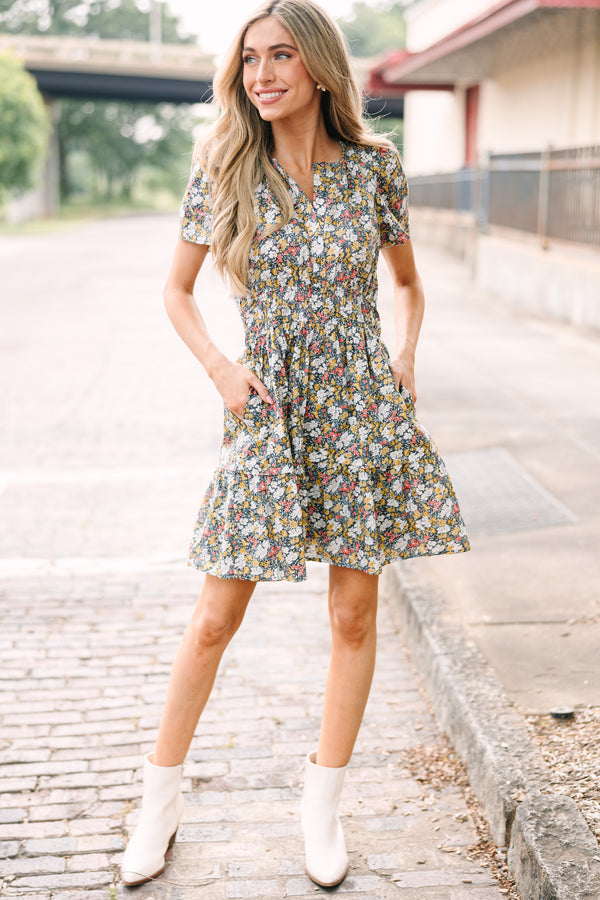 Tell It All Charcoal Gray Ditsy Floral Dress