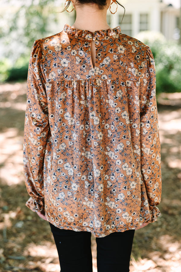 Now You Know Camel Brown Floral Blouse