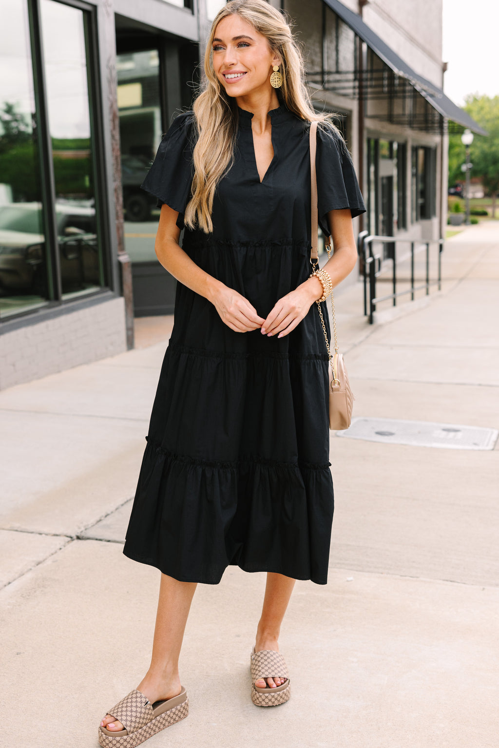 statement black dress Sugarlips: Make A Tiered Midi truTECH cushioning front fastening offers flexibility Summer 90's Retro Clothing color:ANNE BLACK MULTI