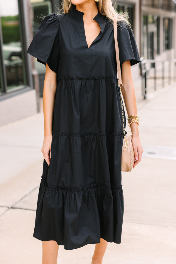 ladies black tiered dress Velvi - Saylor Pleated Satin Ruffle Maxi Dress - Black