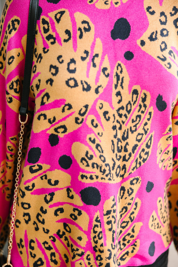 Fate: Dance Around It Fuchsia Pink Mixed Print Sweater