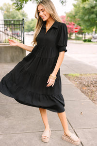 little black dress, tiered midi dress, chic fall dresses, boutique dresses for women