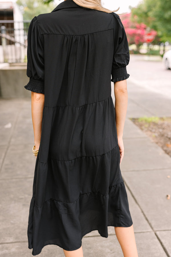 little black dress, tiered midi dress, chic fall dresses, boutique dresses for women