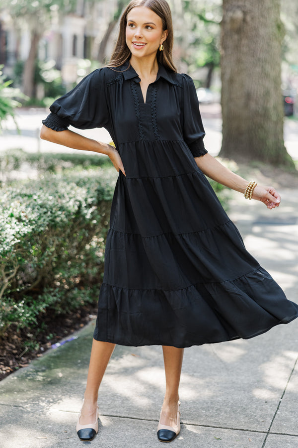 Looking For You Black Tiered Midi Dress Shop the Mint Looking For You Black Tiered Midi Dress Shop the Mint