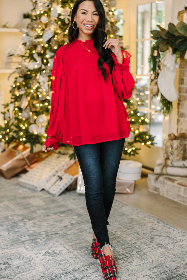 red holiday blouses, smocked blouses, trendy women's blouses