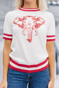 Stay In Character White/Crimson Elephant Sweater