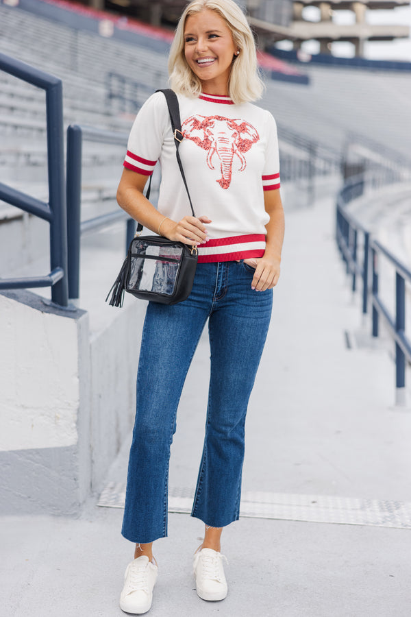 Stay In Character White/Crimson Elephant Sweater