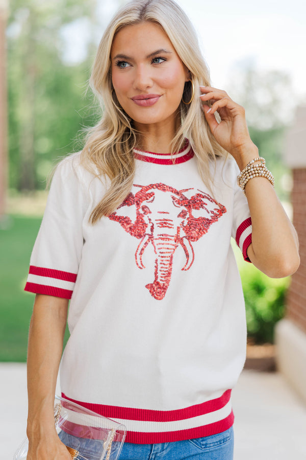 Stay In Character White/Crimson Elephant Sweater