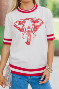 Stay In Character White/Crimson Elephant Sweater