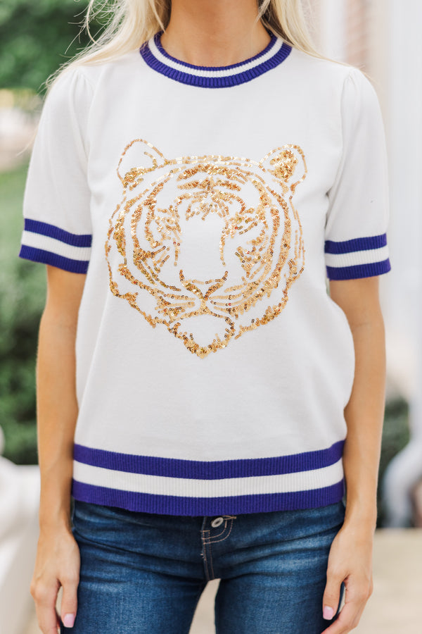 Stay In Character White/Purple Tiger Sweater