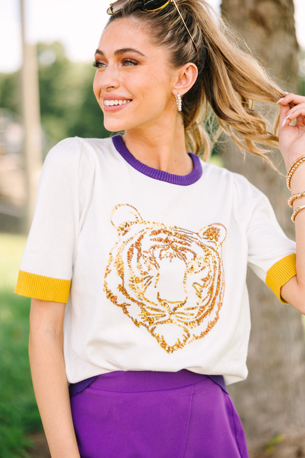 sequined detail sweater, tigers gameday sweater, LSU gameday sweater