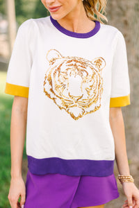 Stay In Character White/Purple Tiger Sweater