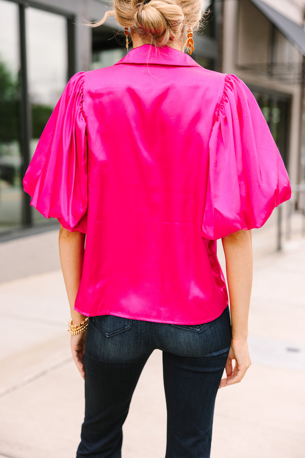 Vibrant pink button down blouse, satin blouses for women
