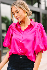 Vibrant pink button down blouse, satin blouses for women