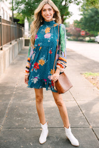 mixed print dress, fall transition dress, long sleeve dress