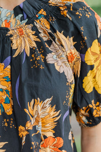 Feeling Fun Black Floral Bubble Sleeve Blouse