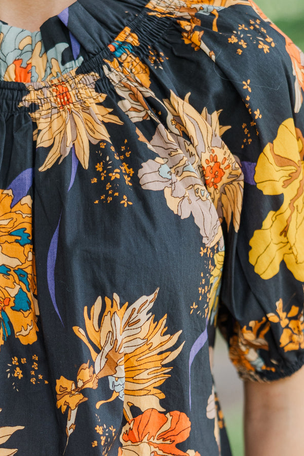 Feeling Fun Black Floral Bubble Sleeve Blouse