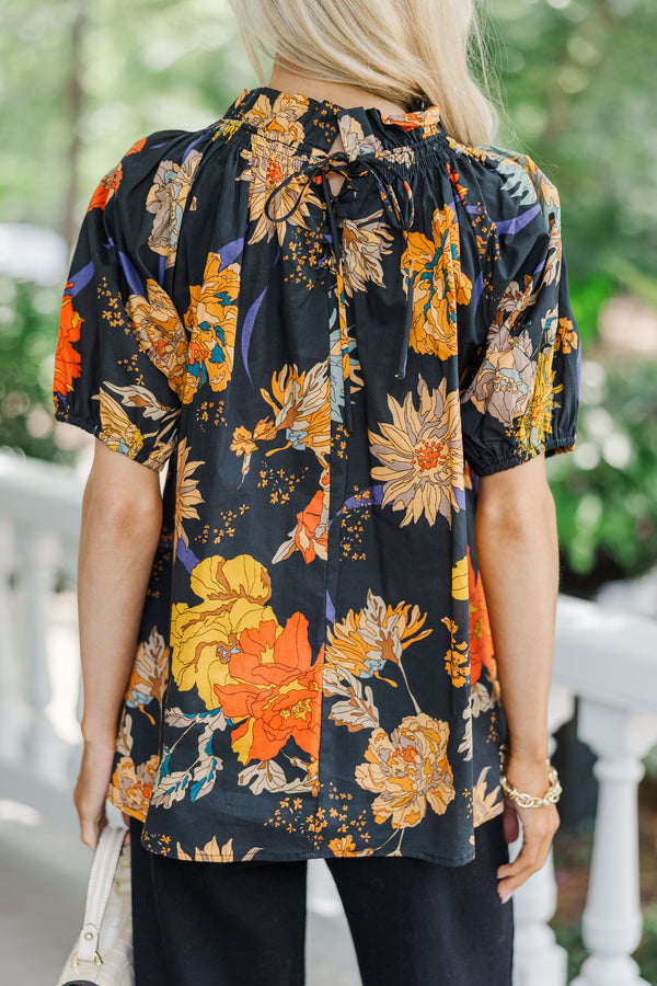 Feeling Fun Black Floral Bubble Sleeve Blouse