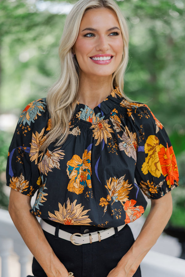 Feeling Fun Black Floral Bubble Sleeve Blouse