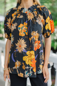 Feeling Fun Black Floral Bubble Sleeve Blouse