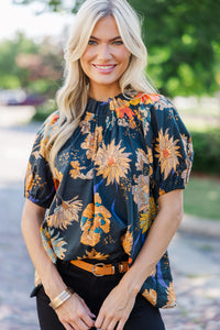 Feeling Fun Black Floral Bubble Sleeve Blouse