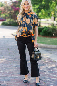 Feeling Fun Black Floral Bubble Sleeve Blouse