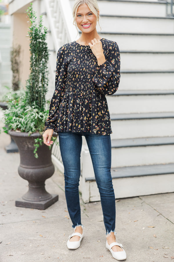 Getting Close Black Ditsy Floral Blouse