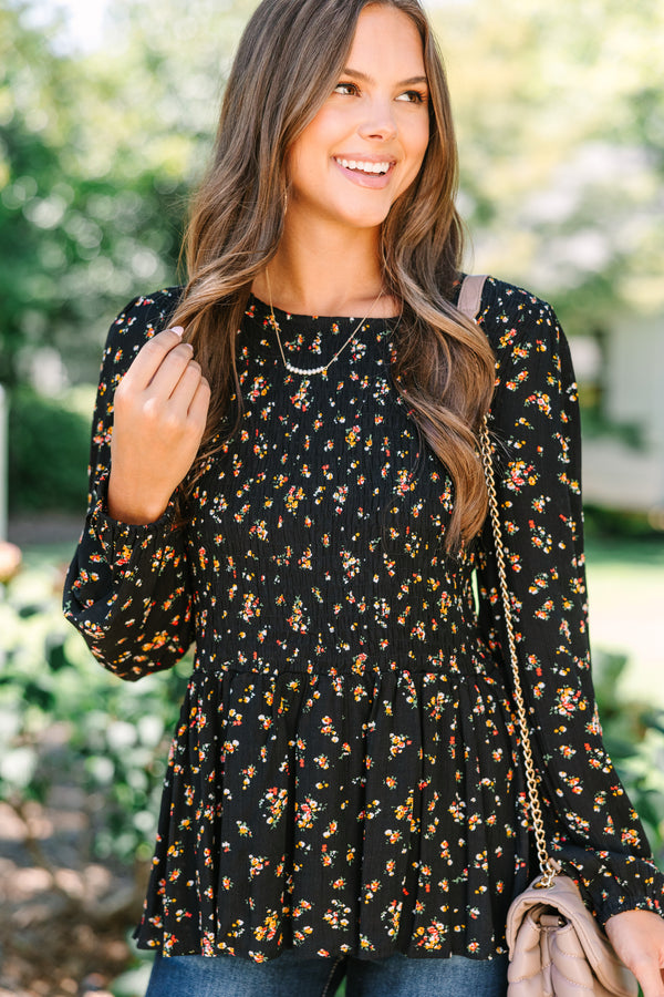 Getting Close Black Ditsy Floral Blouse