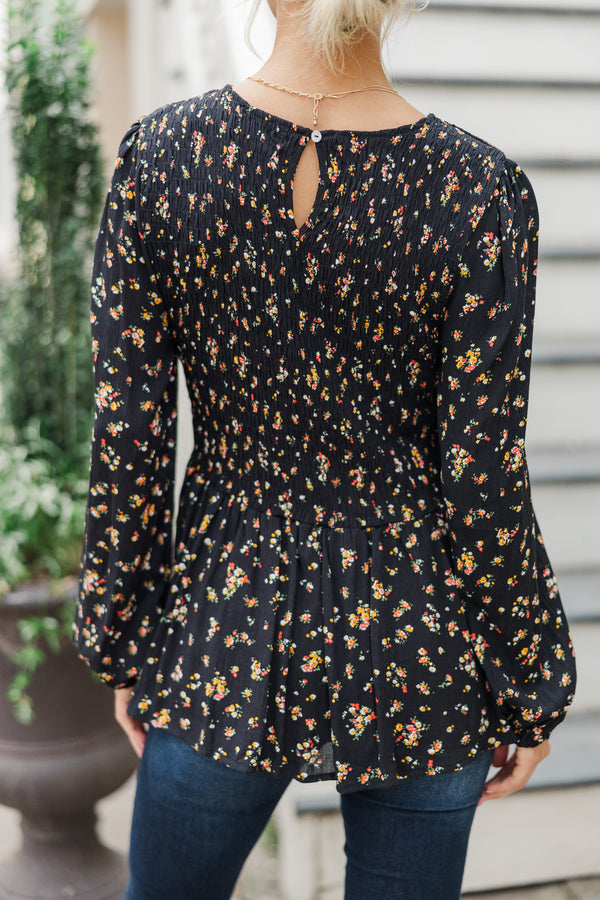 Getting Close Black Ditsy Floral Blouse