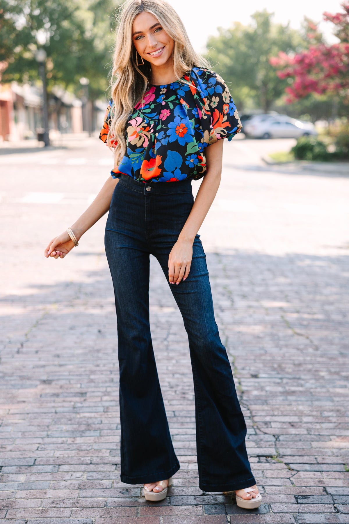 Black Blouse with Red & Magenta Flowers main image 1