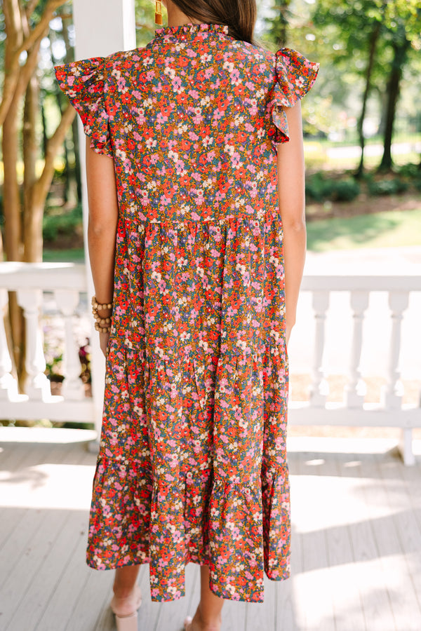 It's Another Day Brick Red Ditsy Floral Midi Dress