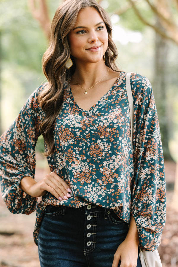Let's Be Clear Teal Blue Ditsy Floral Bubble Sleeve Blouse