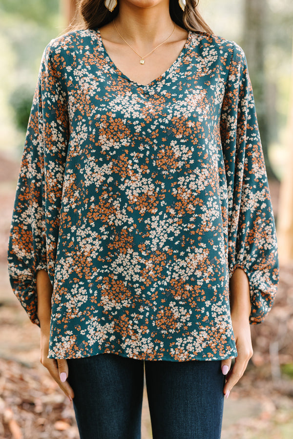 Let's Be Clear Teal Blue Ditsy Floral Bubble Sleeve Blouse