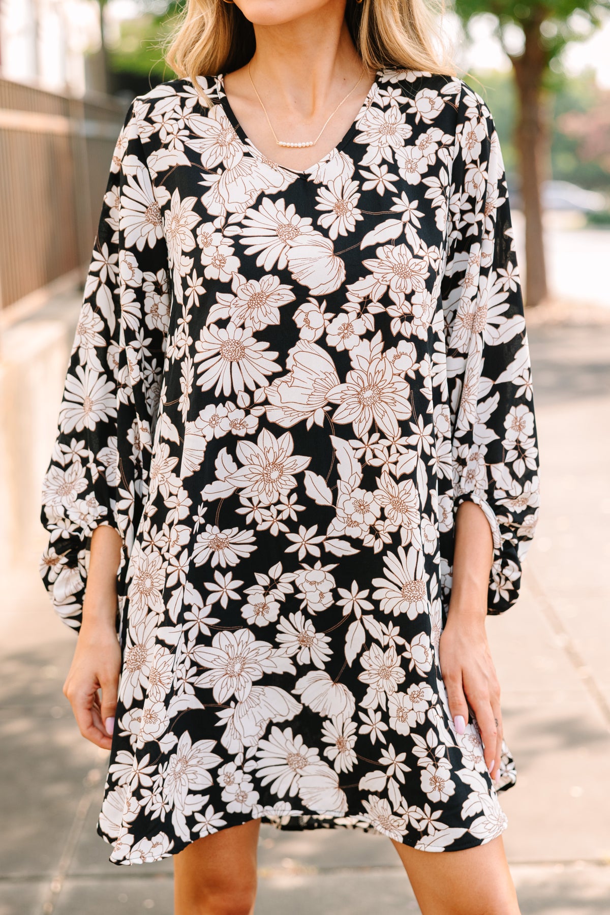 Black Boho Striped Floral Bubble Sleeve Mini Dress main image 0