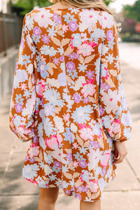 Loud And Clear Brown Floral Bubble Sleeve Dress