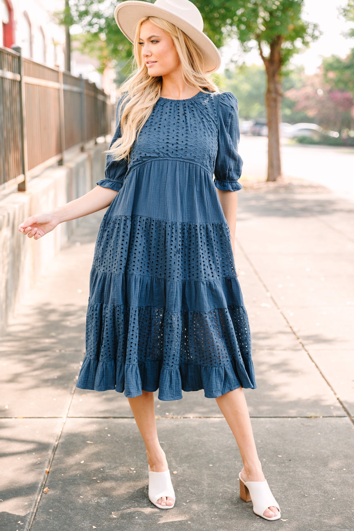 navy eyelet midi dress JANE dress Navy Eyelet