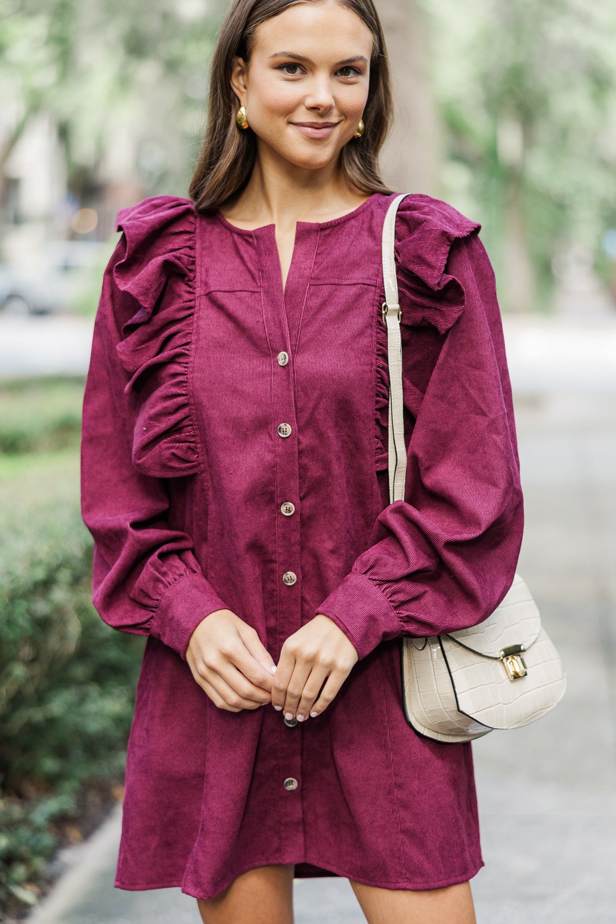 Berry Red Corduroy Smock Shirt Dress main image 1