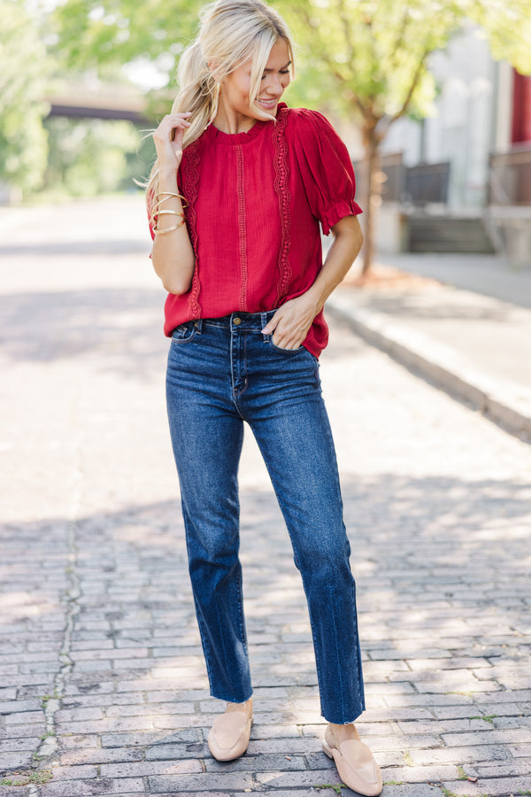 Wish You Were Here Burgundy Red Crochet Blouse