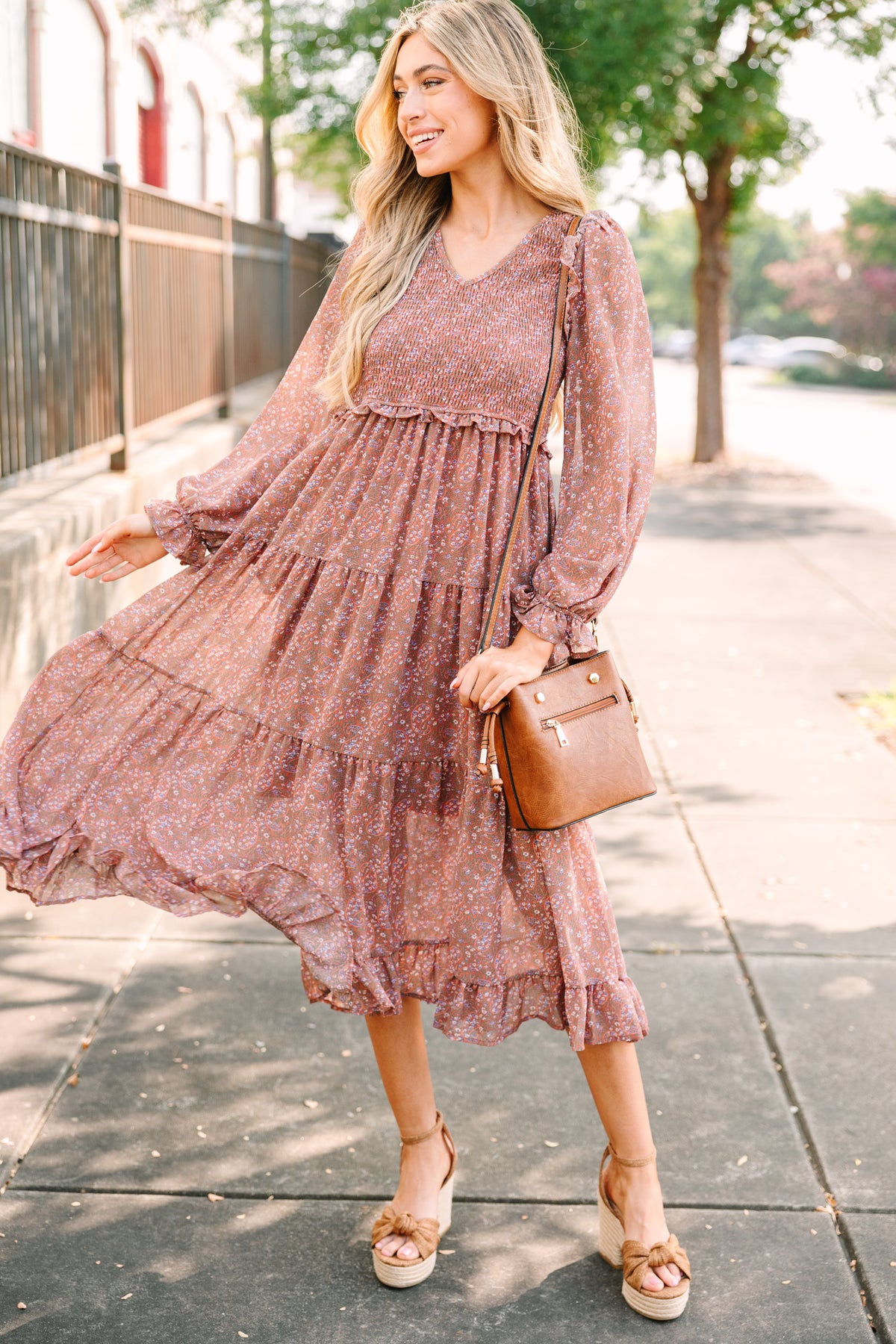 Out In The World Rust Red Ditsy Floral Midi Dress – Shop the Mint