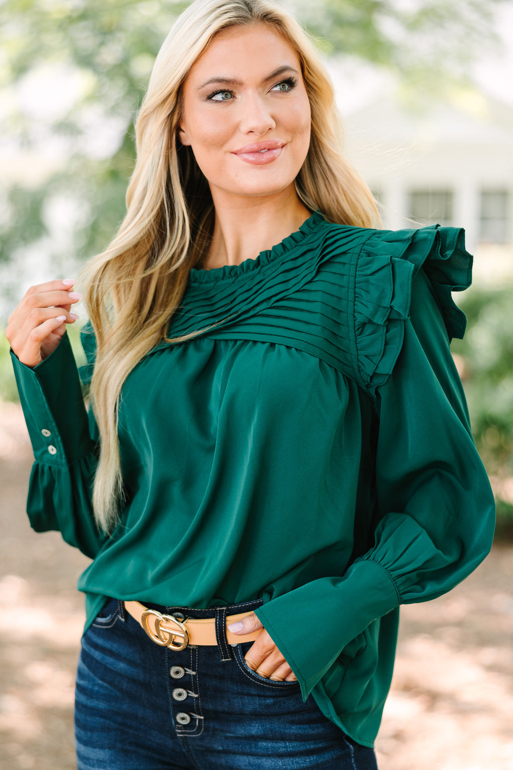 Save Your Applause Emerald Green Ruffled Blouse – Shop the Mint - Main Image