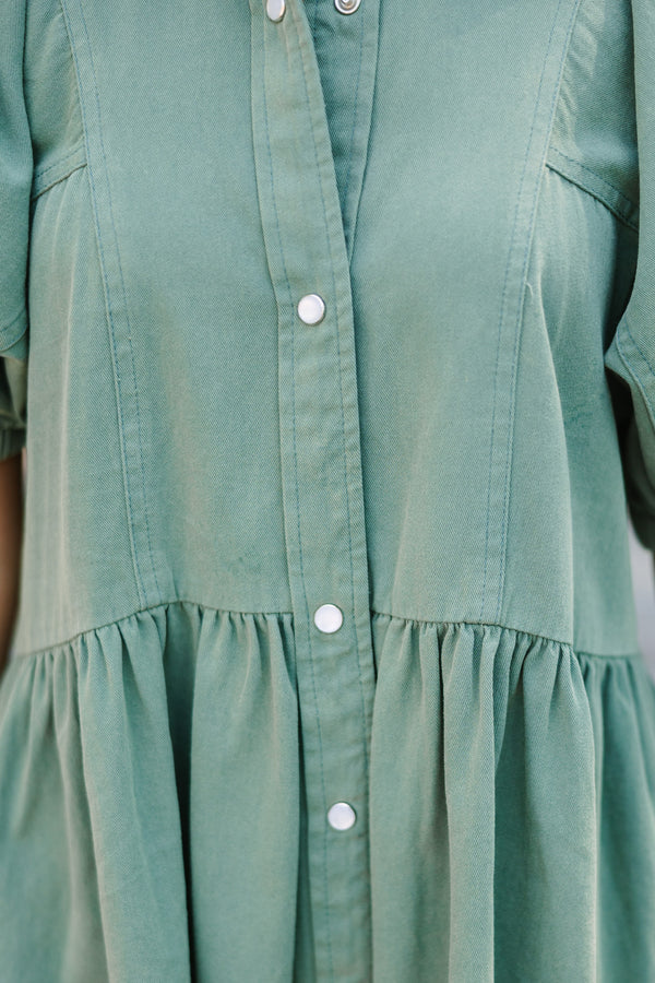 Cute Olive Green Dress - Button-Up Shirt Dress - Collared Dress