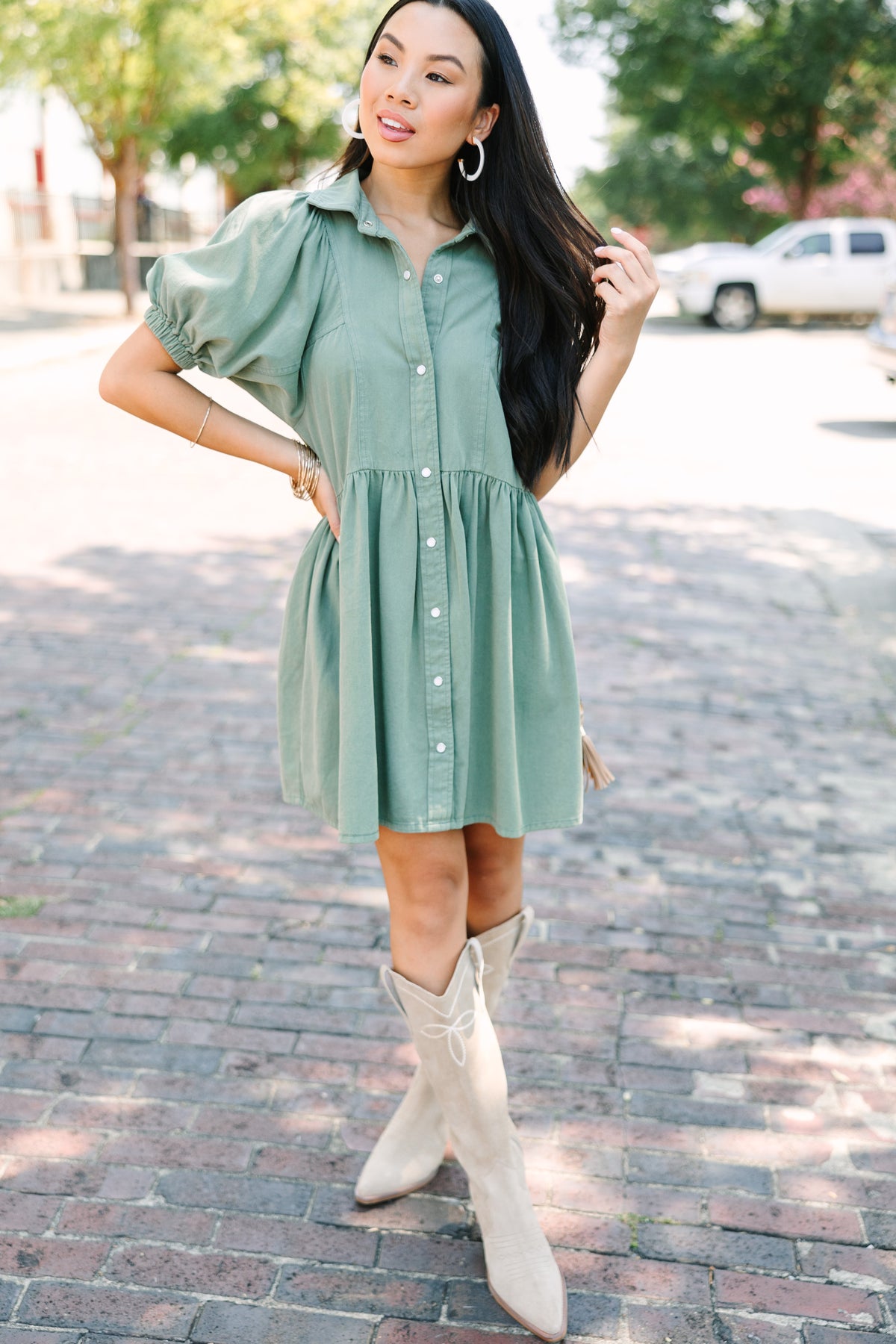 Well Known Olive Green Denim Babydoll Dress, X-Large - The Mint Julep Boutique | Women's Boutique Clothing Well Known Olive Green Denim Babydoll Dress, X-Large - The Mint Julep Boutique | Women's Boutique Clothing