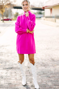 vibrant sweater dress, turtle neck sweater dress, bright pink sweater dress