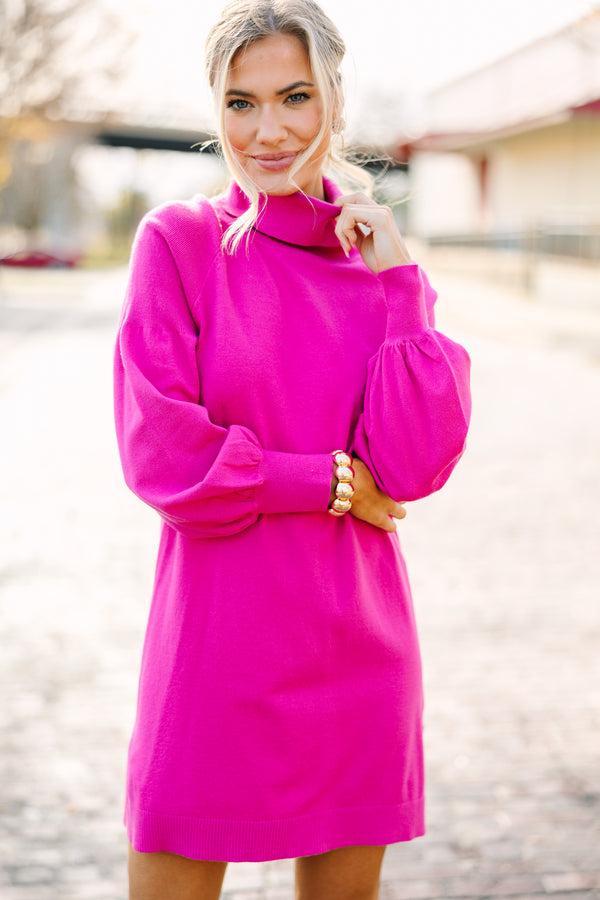 vibrant sweater dress, turtle neck sweater dress, bright pink sweater dress