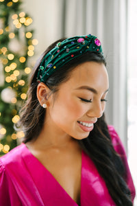 embellished headband, green headband, holiday headband, velvet headband