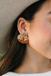rhinestone pumpkin earrings, fall earrings, trendy boutique accessories