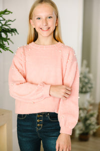 Girls: Can't Help But Love Blush Pink Pearl Studded Sweater