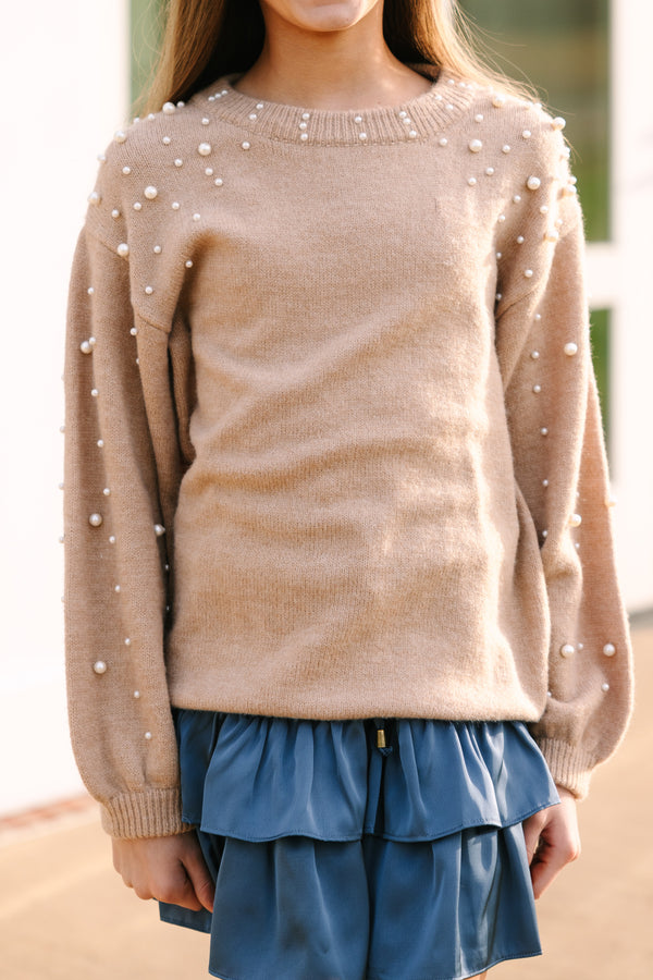 Girls: Can't Help But Love Taupe Pearl Studded Sweater